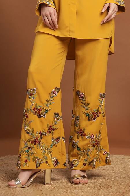 Rirasa Yellow Crepe Sequins, Beads Open Neck Florence Embroidered Tie Up Shirt Online at Aza Fashions Rirasa_Yellow Crepe Sequins, Beads Open Neck Florence Embroidered Tie Up Shirt_Online_at_Aza_Fashions