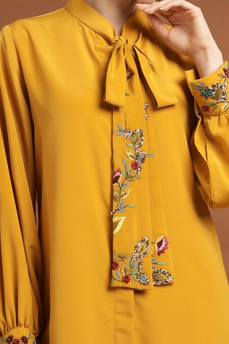 Buy Rirasa Yellow Crepe Sequins, Beads Open Neck Florence Embroidered Tie Up Shirt Online at Aza Fashions Buy_Rirasa_Yellow Crepe Sequins, Beads Open Neck Florence Embroidered Tie Up Shirt_Online_at_Aza_Fashions
