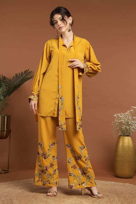 Shop Rirasa Yellow Crepe Sequins, Beads Open Neck Florence Embroidered Tie Up Shirt Online at Aza Fashions Shop_Rirasa_Yellow Crepe Sequins, Beads Open Neck Florence Embroidered Tie Up Shirt_Online_at_Aza_Fashions