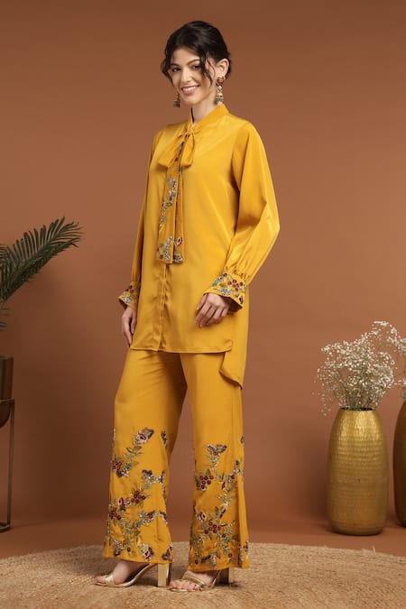 Rirasa Yellow Crepe Sequins, Beads Open Neck Florence Embroidered Tie Up Shirt at Aza Fashions Rirasa_Yellow Crepe Sequins, Beads Open Neck Florence Embroidered Tie Up Shirt_at_Aza_Fashions