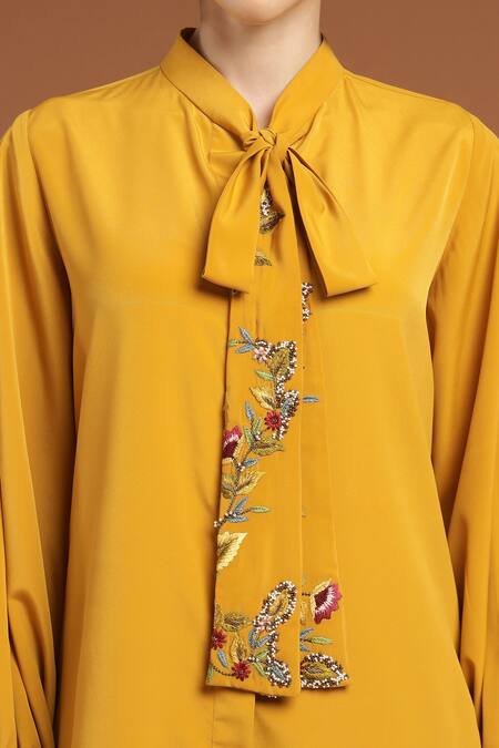 Buy Rirasa Yellow Crepe Sequins, Beads Open Neck Florence Embroidered Tie Up Shirt Buy_Rirasa_Yellow Crepe Sequins, Beads Open Neck Florence Embroidered Tie Up Shirt