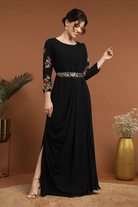 Rirasa Black Georgette Sequins Round Neck Blossom Embroidered Draped Dress With Belt Online at Aza Fashions Rirasa_Black Georgette Sequins Round Neck Blossom Embroidered Draped Dress With Belt _Online_at_Aza_Fashions