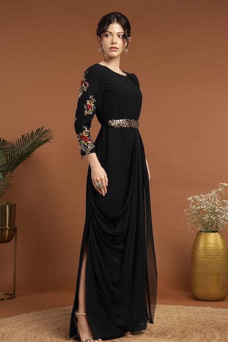 Buy Rirasa Black Georgette Sequins Round Neck Blossom Embroidered Draped Dress With Belt Online at Aza Fashions Buy_Rirasa_Black Georgette Sequins Round Neck Blossom Embroidered Draped Dress With Belt _Online_at_Aza_Fashions
