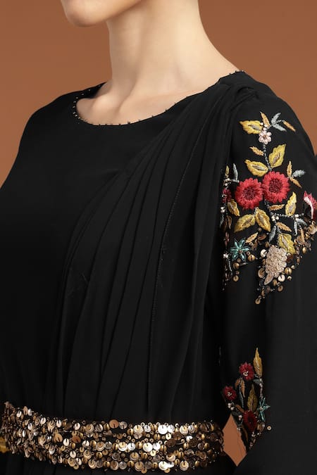 Rirasa Black Georgette Sequins Round Neck Blossom Embroidered Draped Dress With Belt at Aza Fashions Rirasa_Black Georgette Sequins Round Neck Blossom Embroidered Draped Dress With Belt _at_Aza_Fashions
