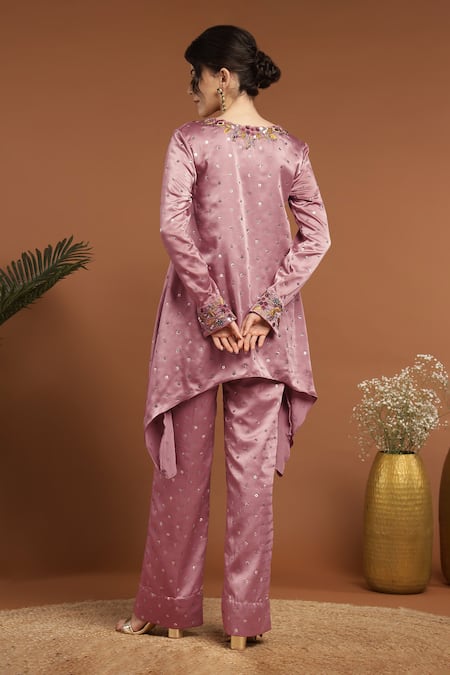 Shop Rirasa Pink Satin Sequins, Embroidery V-neck Gullista C Cut Kurta With Pant at Aza Fashions Shop_Rirasa_Pink Satin Sequins, Embroidery V-neck Gullista C Cut Kurta With Pant _at_Aza_Fashions
