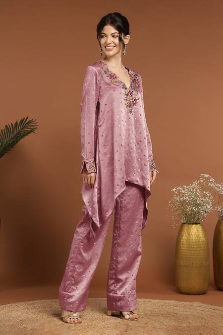Buy Rirasa Pink Satin Sequins, Embroidery V-neck Gullista C Cut Kurta With Pant Online at Aza Fashions Buy_Rirasa_Pink Satin Sequins, Embroidery V-neck Gullista C Cut Kurta With Pant _Online_at_Aza_Fashions