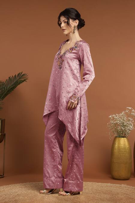 Shop Rirasa Pink Satin Sequins, Embroidery V-neck Gullista C Cut Kurta With Pant Online at Aza Fashions Shop_Rirasa_Pink Satin Sequins, Embroidery V-neck Gullista C Cut Kurta With Pant _Online_at_Aza_Fashions