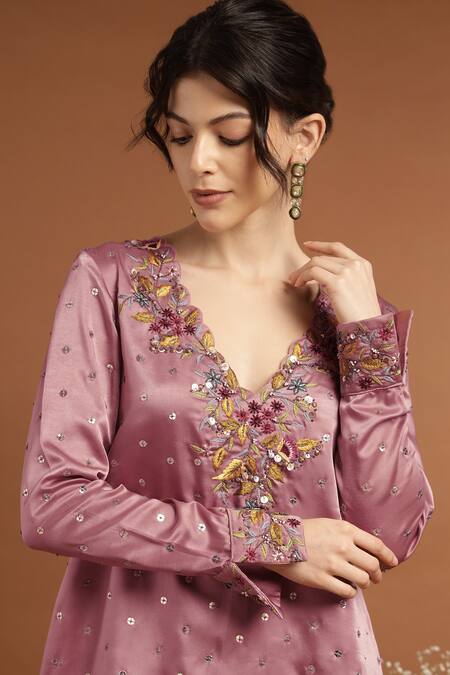 Rirasa Pink Satin Sequins, Embroidery V-neck Gullista C Cut Kurta With Pant at Aza Fashions Rirasa_Pink Satin Sequins, Embroidery V-neck Gullista C Cut Kurta With Pant _at_Aza_Fashions