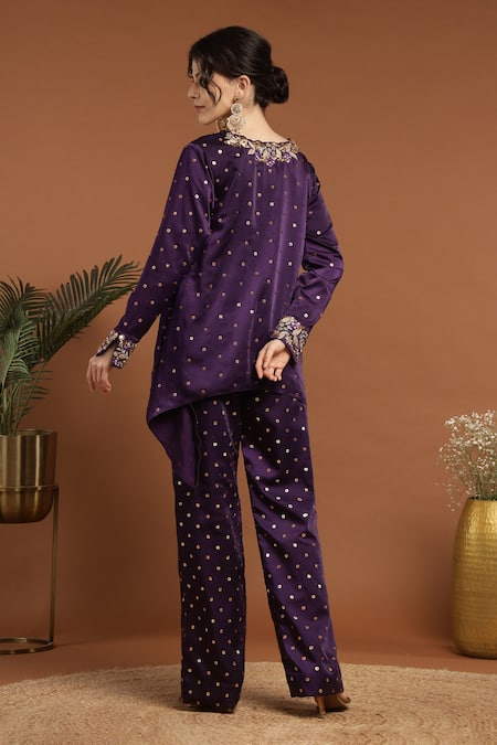 Shop Rirasa Purple Satin Sequins, Embroidery V-neck Gullista C Cut Kurta With Pant at Aza Fashions Shop_Rirasa_Purple Satin Sequins, Embroidery V-neck Gullista C Cut Kurta With Pant _at_Aza_Fashions