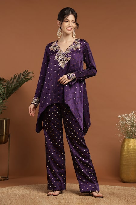 Buy Rirasa Purple Satin Sequins, Embroidery V-neck Gullista C Cut Kurta With Pant Online at Aza Fashions Buy_Rirasa_Purple Satin Sequins, Embroidery V-neck Gullista C Cut Kurta With Pant _Online_at_Aza_Fashions