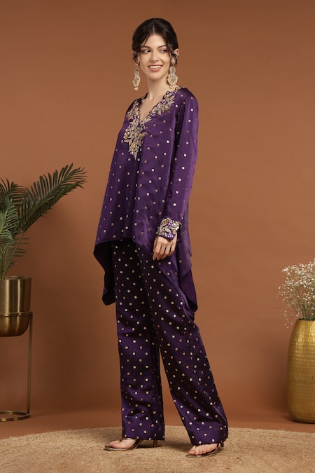 Shop Rirasa Purple Satin Sequins, Embroidery V-neck Gullista C Cut Kurta With Pant Online at Aza Fashions Shop_Rirasa_Purple Satin Sequins, Embroidery V-neck Gullista C Cut Kurta With Pant _Online_at_Aza_Fashions