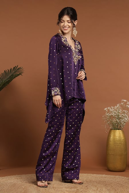 Rirasa Purple Satin Sequins, Embroidery V-neck Gullista C Cut Kurta With Pant at Aza Fashions Rirasa_Purple Satin Sequins, Embroidery V-neck Gullista C Cut Kurta With Pant _at_Aza_Fashions