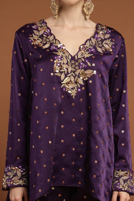 Buy Rirasa Purple Satin Sequins, Embroidery V-neck Gullista C Cut Kurta With Pant Buy_Rirasa_Purple Satin Sequins, Embroidery V-neck Gullista C Cut Kurta With Pant