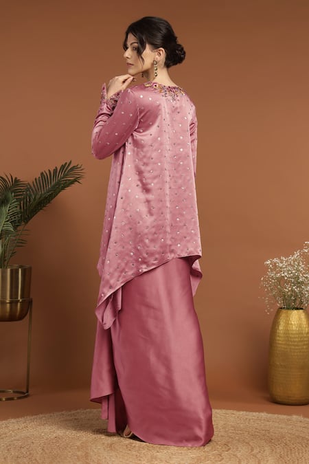 Shop Rirasa Pink Satin Sequins, Embroidery V-neck Gullista Kurta With Draped Skirt at Aza Fashions Shop_Rirasa_Pink Satin Sequins, Embroidery V-neck Gullista Kurta With Draped Skirt _at_Aza_Fashions