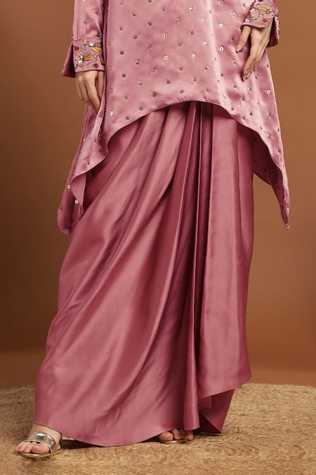 Rirasa Pink Satin Sequins, Embroidery V-neck Gullista Kurta With Draped Skirt Online at Aza Fashions Rirasa_Pink Satin Sequins, Embroidery V-neck Gullista Kurta With Draped Skirt _Online_at_Aza_Fashions