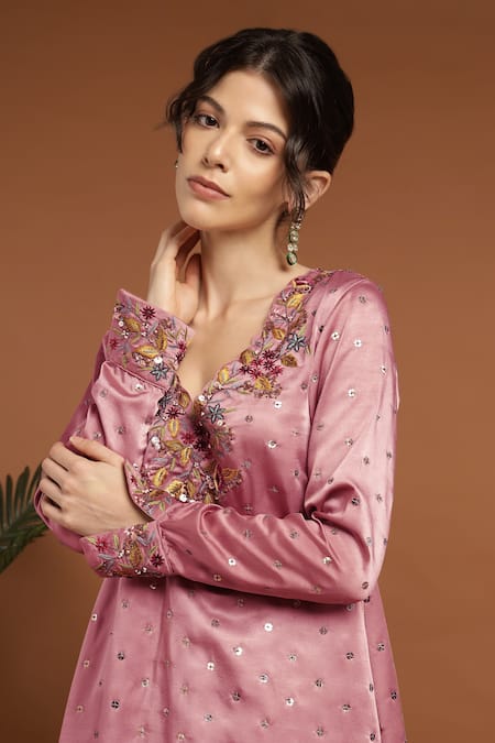 Buy Rirasa Pink Satin Sequins, Embroidery V-neck Gullista Kurta With Draped Skirt Online at Aza Fashions Buy_Rirasa_Pink Satin Sequins, Embroidery V-neck Gullista Kurta With Draped Skirt _Online_at_Aza_Fashions