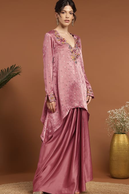 Shop Rirasa Pink Satin Sequins, Embroidery V-neck Gullista Kurta With Draped Skirt Online at Aza Fashions Shop_Rirasa_Pink Satin Sequins, Embroidery V-neck Gullista Kurta With Draped Skirt _Online_at_Aza_Fashions