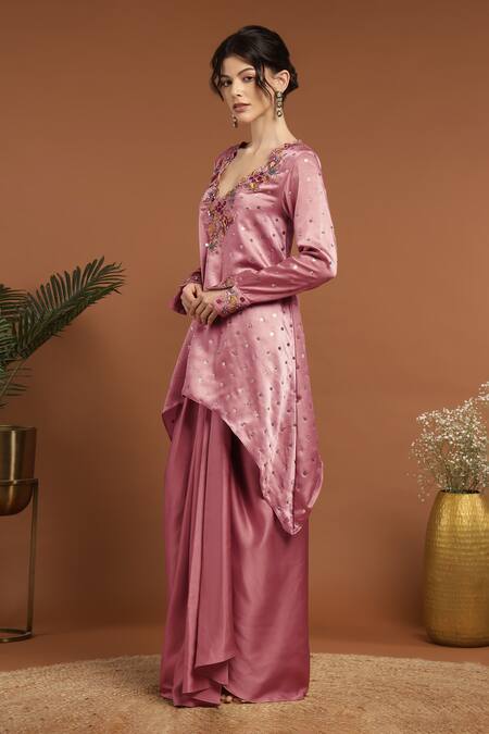 Rirasa Pink Satin Sequins, Embroidery V-neck Gullista Kurta With Draped Skirt at Aza Fashions Rirasa_Pink Satin Sequins, Embroidery V-neck Gullista Kurta With Draped Skirt _at_Aza_Fashions