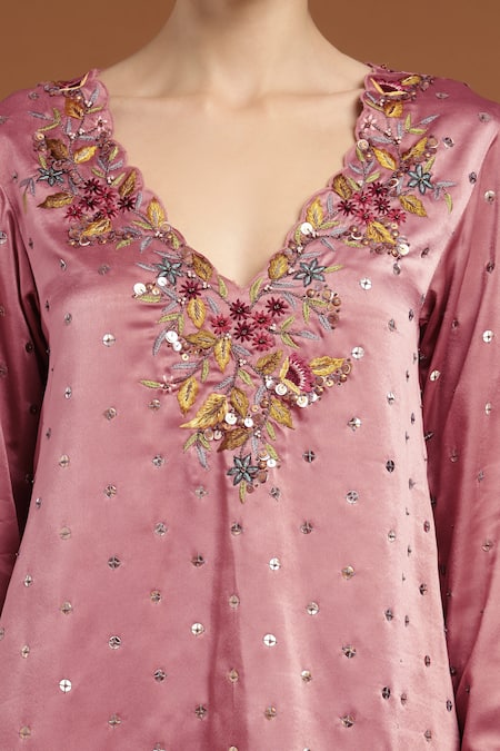 Buy Rirasa Pink Satin Sequins, Embroidery V-neck Gullista Kurta With Draped Skirt Buy_Rirasa_Pink Satin Sequins, Embroidery V-neck Gullista Kurta With Draped Skirt