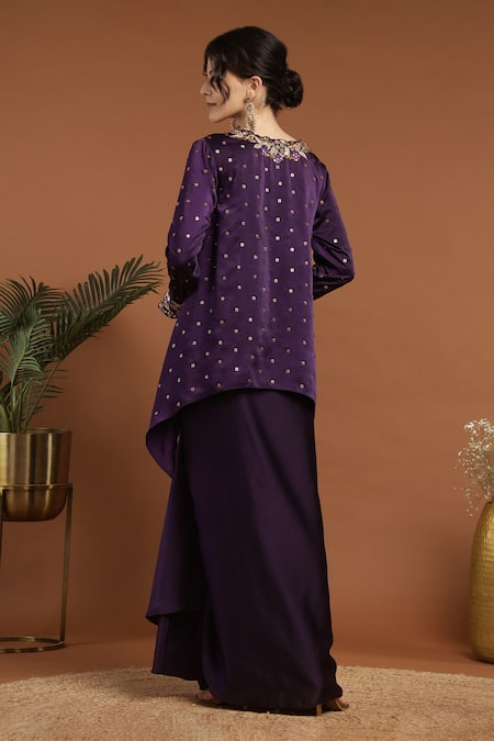 Shop_Rirasa_Purple Satin Sequins, Embroidery V-neck Gul Kurta With Draped Skirt _at_Aza_Fashions