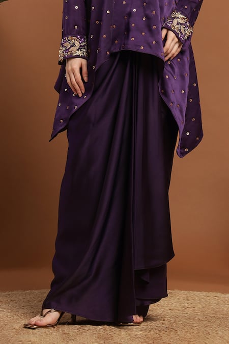 Rirasa_Purple Satin Sequins, Embroidery V-neck Gul Kurta With Draped Skirt _Online_at_Aza_Fashions