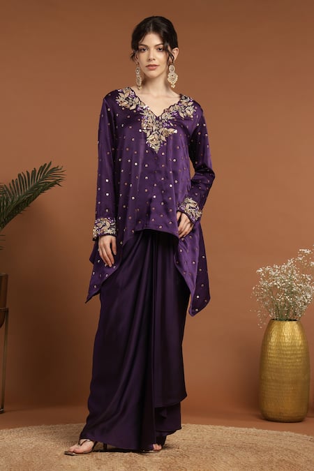 Buy_Rirasa_Purple Satin Sequins, Embroidery V-neck Gul Kurta With Draped Skirt _Online_at_Aza_Fashions