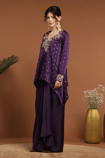Shop_Rirasa_Purple Satin Sequins, Embroidery V-neck Gul Kurta With Draped Skirt _Online_at_Aza_Fashions