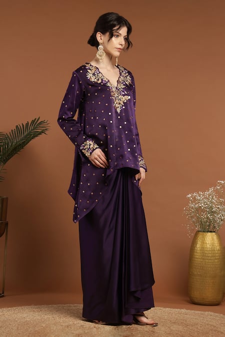 Rirasa_Purple Satin Sequins, Embroidery V-neck Gul Kurta With Draped Skirt _at_Aza_Fashions