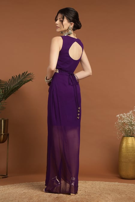 Shop Rirasa Purple Georgette Embroidery V-neck Solid Draped Dress With Belt at Aza Fashions Shop_Rirasa_Purple Georgette Embroidery V-neck Solid Draped Dress With Belt _at_Aza_Fashions