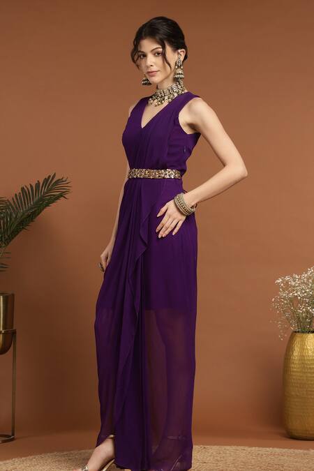 Rirasa Purple Georgette Embroidery V-neck Solid Draped Dress With Belt Online at Aza Fashions Rirasa_Purple Georgette Embroidery V-neck Solid Draped Dress With Belt _Online_at_Aza_Fashions
