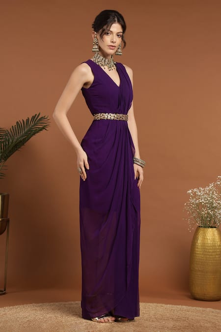 Buy Rirasa Purple Georgette Embroidery V-neck Solid Draped Dress With Belt Online at Aza Fashions Buy_Rirasa_Purple Georgette Embroidery V-neck Solid Draped Dress With Belt _Online_at_Aza_Fashions
