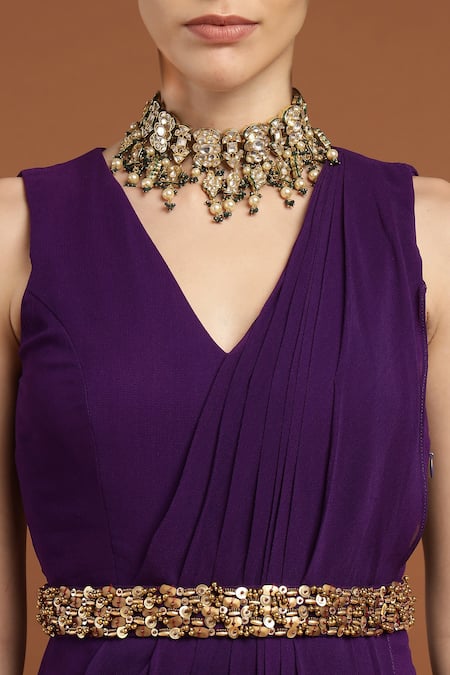 Shop Rirasa Purple Georgette Embroidery V-neck Solid Draped Dress With Belt Online at Aza Fashions Shop_Rirasa_Purple Georgette Embroidery V-neck Solid Draped Dress With Belt _Online_at_Aza_Fashions