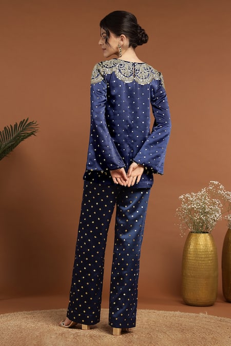 Shop_Rirasa_Blue Satin Sequins, Embroidery Round Neck Mughal Bloom Kurta With Pant _at_Aza_Fashions