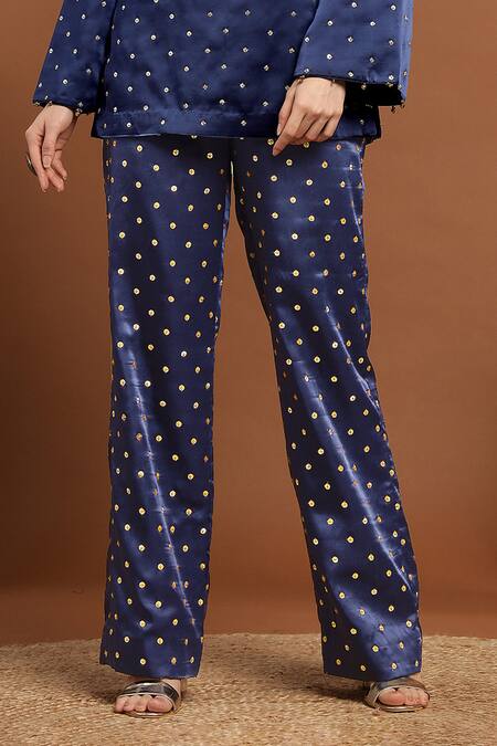 Rirasa_Blue Satin Sequins, Embroidery Round Neck Mughal Bloom Kurta With Pant _Online_at_Aza_Fashions