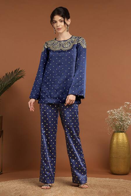 Buy_Rirasa_Blue Satin Sequins, Embroidery Round Neck Mughal Bloom Kurta With Pant _Online_at_Aza_Fashions