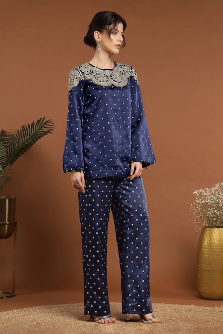 Shop_Rirasa_Blue Satin Sequins, Embroidery Round Neck Mughal Bloom Kurta With Pant _Online_at_Aza_Fashions