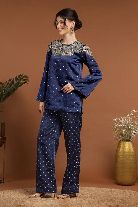Rirasa_Blue Satin Sequins, Embroidery Round Neck Mughal Bloom Kurta With Pant _at_Aza_Fashions