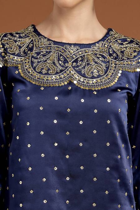 Buy_Rirasa_Blue Satin Sequins, Embroidery Round Neck Mughal Bloom Kurta With Pant 