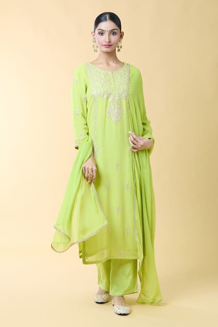 Shop_Samyukta Singhania_Green Georgette, Silk Lace, Embroidery Round Pittan Straight Kurta And Pant Set