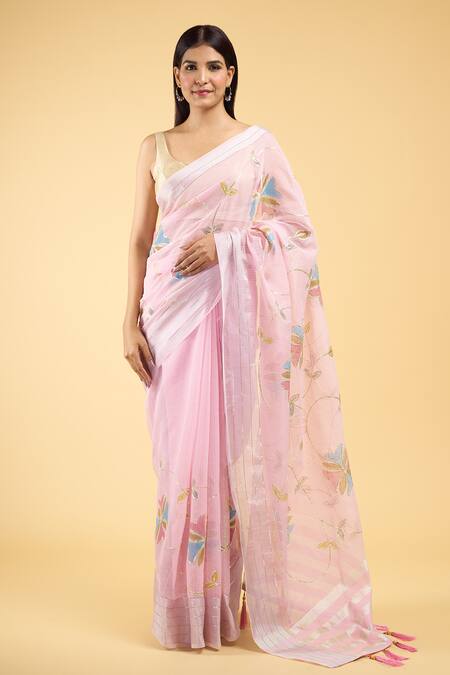 Shop_Samyukta Singhania_Pink Linen Gota Patti Tassel Bordered Saree With Running Blouse