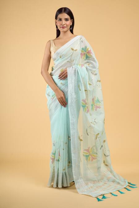 Buy_Samyukta Singhania_Blue Linen, Silk Embroidery Tassel Bordered Saree With Running Blouse
