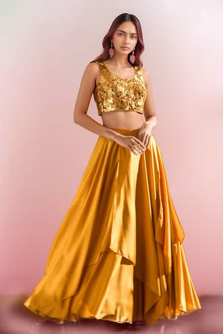 PAC FASHION CLOTHING Yellow Lehenga Milano Satin Embroidered Acrylic Sweetheart Blouse And Set 