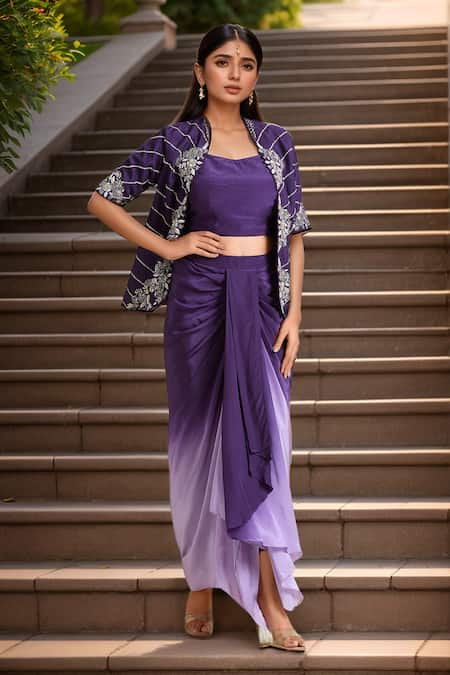 Samyukta Singhania Purple Dola Embellished Bead Jacket Open Floral Ombre Draped Skirt Set 