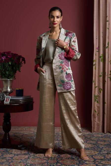 Akutee Gold Fabric Flowers Indira Handwoven Tissue Hanpainted Blazer at Aza Fashions Akutee_Gold Fabric Flowers Indira Handwoven Tissue Hanpainted Blazer_at_Aza_Fashions