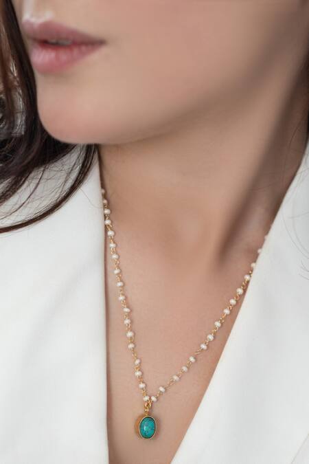 Shop_Do Taara_Blue Ida Turquoise Stone Embellished Pendant Necklace_Online_at_Aza_Fashions