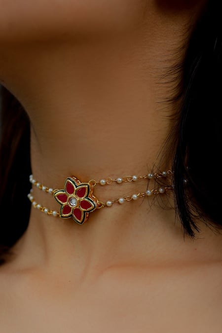 Buy_Do Taara_Red Floral Kundan Choker Necklace _Online_at_Aza_Fashions