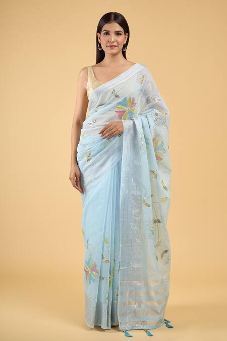 Buy_Samyukta Singhania_Blue Linen Gota Patti Flower Hand Painted Saree With Running Blouse