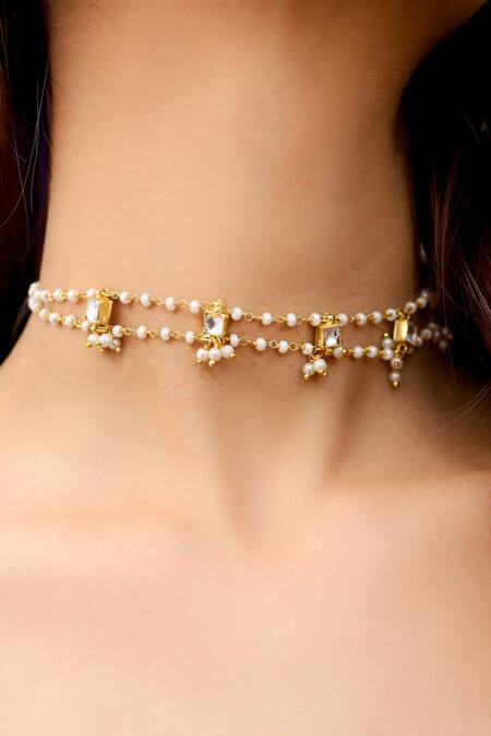 Do Taara_Gold Plated Kundan Pearl Choker _Online_at_Aza_Fashions