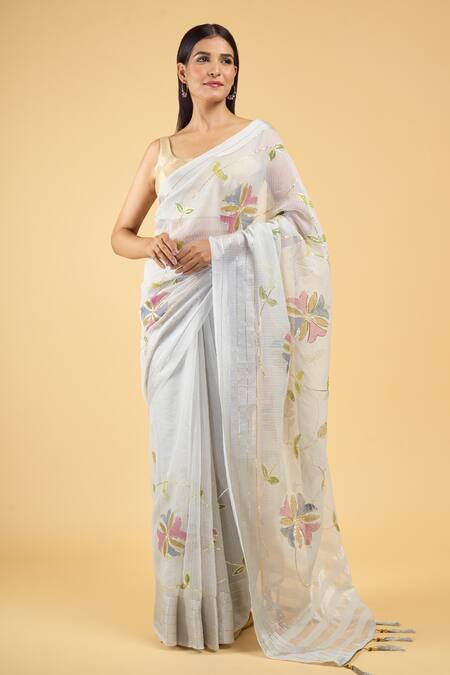 Shop_Samyukta Singhania_Grey Linen Gota Patti Garden Hand Painted Saree With Running Blouse
