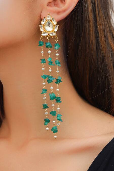 Do Taara_Green Stones Kundan Tassel Earrings _Online_at_Aza_Fashions